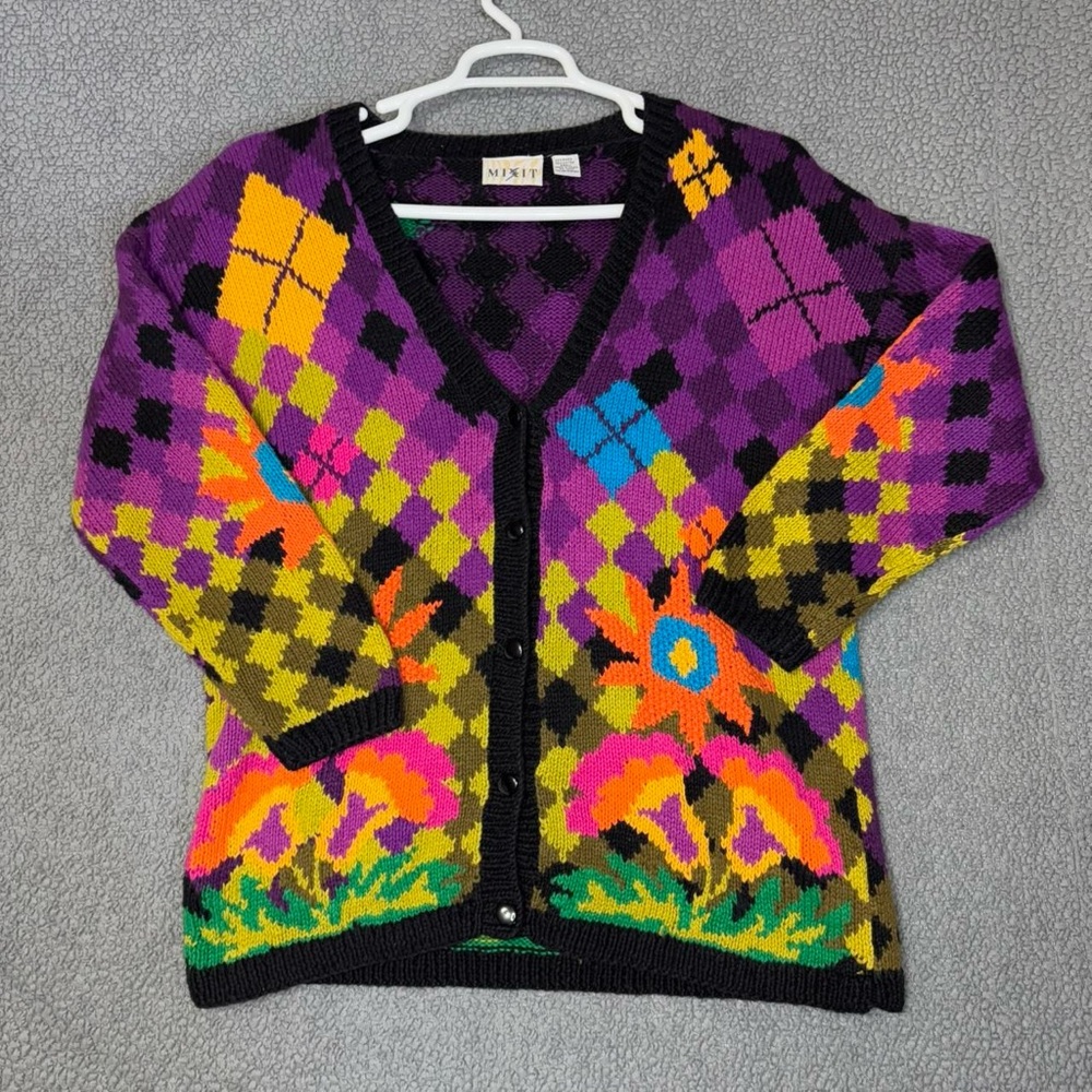 Vintage Crochet Knit Cardigan Sweater Padded Shoulder Multicolor 80s Size S